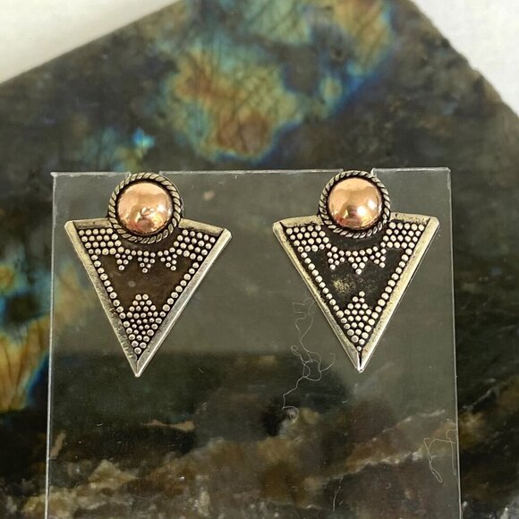Sterling Silver 925 Gold Vermeil Bali Style Mixed Metal Triangle Stud Earrings - Picture 1 of 16